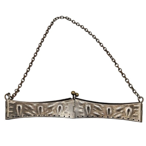 Antique Victorian Purse Reticule Square Frame Folding Floral Metal Kiss Closure - Picture 2 of 14